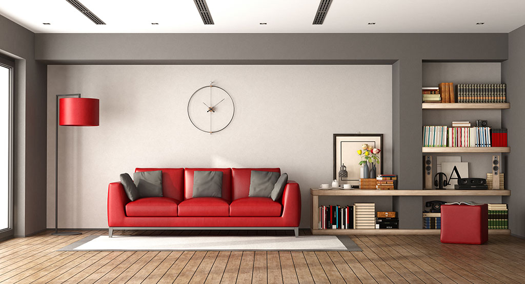 Modern living room with red sofa and wooden bookcase - 3d rendering